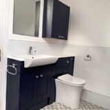 Fitted furniture in navy with patterned bathroom floor tile