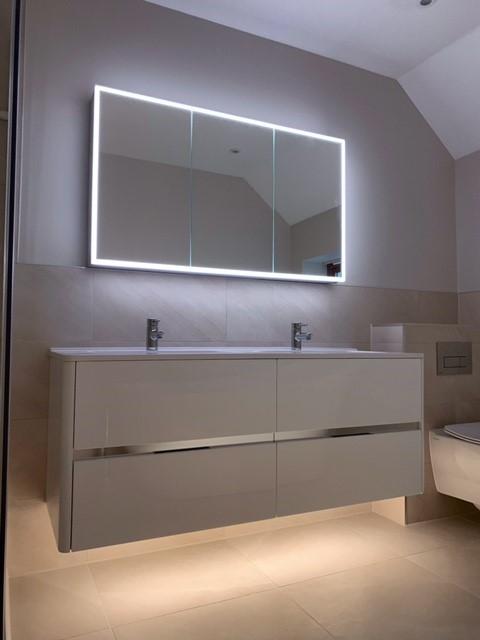 white floating bathroom vanity furniture with recessed LED mirrored cabinet