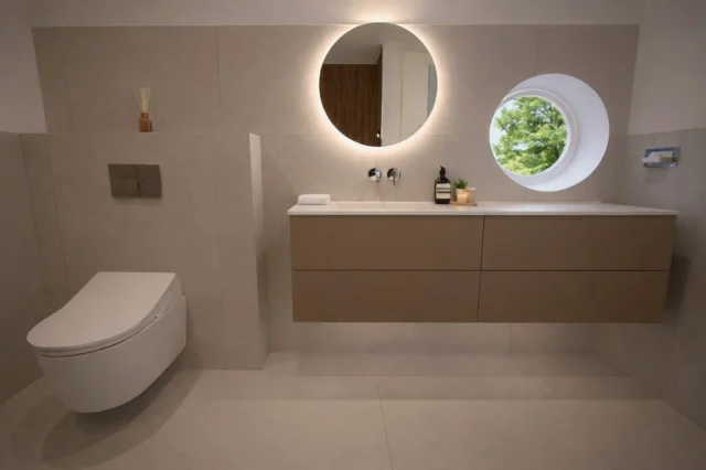Layered Neutrals 🫧 

Another full design, supply & installation complete. (Swipe to see the before!)

A calm, tonal palette sets the foundation of this space, paired with a bespoke cashmere-toned floating vanity and a wood-effect tiled shower wall for added depth and warmth.

The circular window became a defining feature - intentionally framed within the design and echoed by the backlit round mirror for balance and continuity.

To achieve a more spacious shower, we removed an existing wall and introduced a generous walk-in design.

AXOR chrome brassware and a TOTO smart toilet complete the space, bringing refined function to a bathroom that feels calm and considered.

#neutralbathroom #calmbathroom #luxurybathroomdesign #bathroomtransformation