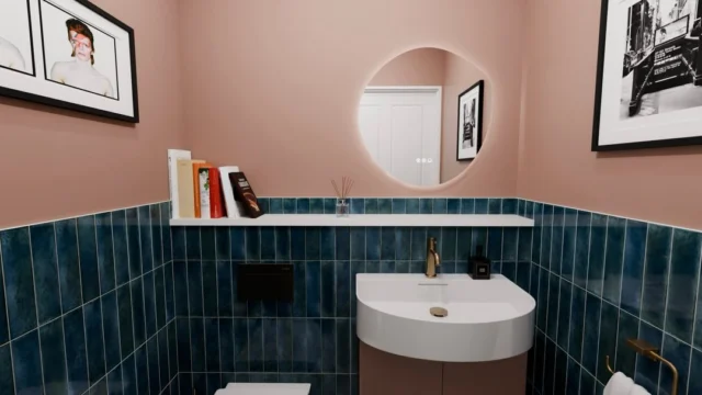 ✨ Design preview ✨

We love a bold cloakroom scheme!

This design pairs rich blue gloss tiles with soft blush tones, patterned tile flooring and brushed bronze details. The softly curved D-shaped basin, paired with a copper-coloured vanity and organic backlit mirror,
completes the scheme perfectly.

Due to be installed by our team shortly, we can’t wait to see this design come to life - stay tuned to see the finished space!

#cloakroomdesign #cloakroominspo #luxurybathroom #luxurybathroomdesign #3ddesign